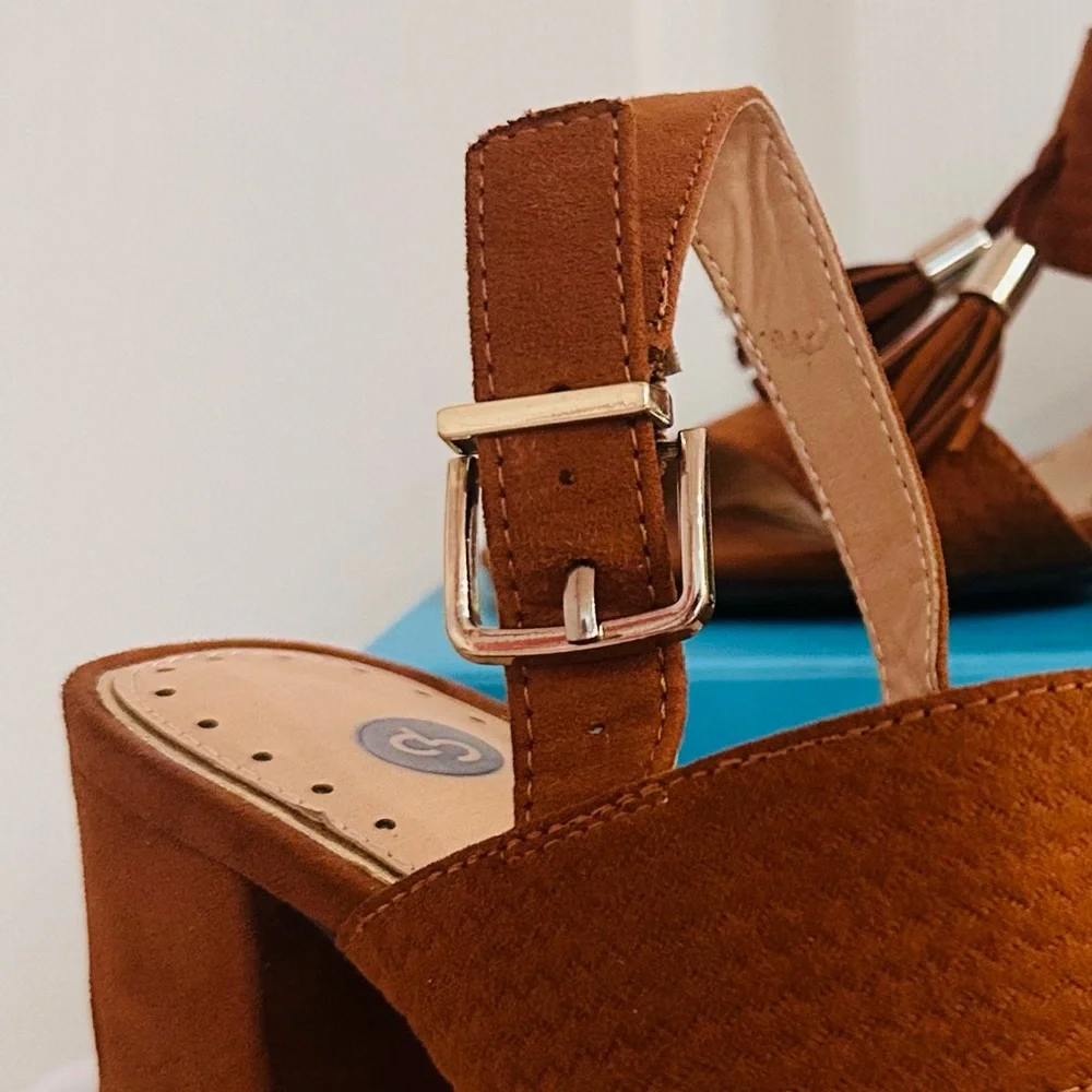 GABBY ~ Camel Brown Suede Sandals/Tassel Details and 3” Block Heel